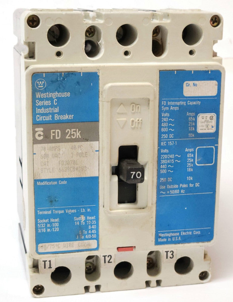 WESTINGHOUSE CUTLER HAMMER FD3070 3 Pole 70 AMP Type FD Circuit Breaker