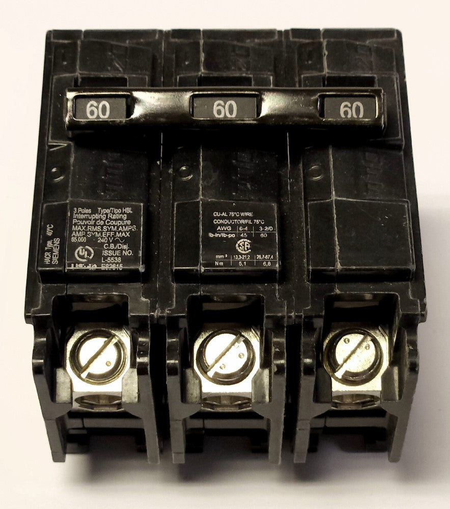 SIEMENS B360HH 3 Pole 60 AMP Type HBL Circuit Breaker Bolt In