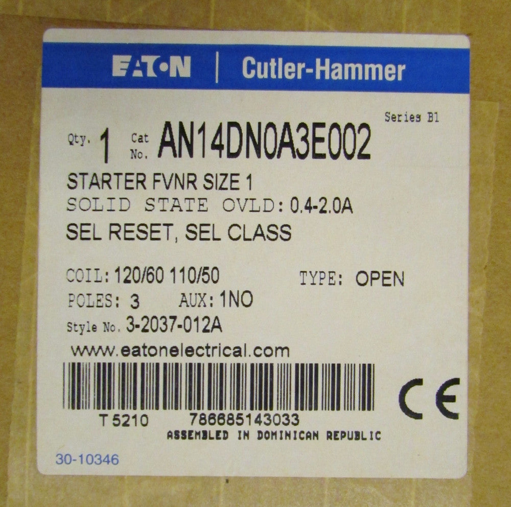 EATON CUTLER HAMMER AN14DN0A3E002 110/120V Size 1 Starter .4-2Amp Overload Relay