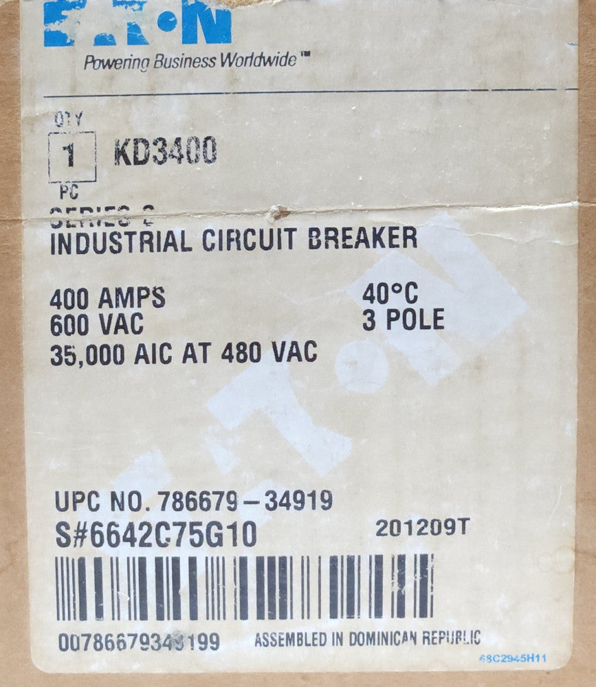 EATON CUTLER HAMMER KD3400 3 Pole 400 AMP Type KD Circuit Breaker Extended Line