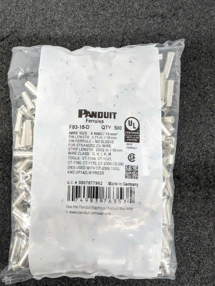 New, Panduit, F83-18-D, CONN FERRULE DIN 8AWG - Lot of 500pcs