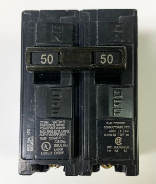 SIEMENS B250 2 Pole 50 AMP Type BL Circuit Breaker Bolt In