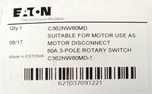EATON CUTLER HAMMER C362NW80MD 3 Pole 80 AMP Rotary Switch Motor Disconnect Rate