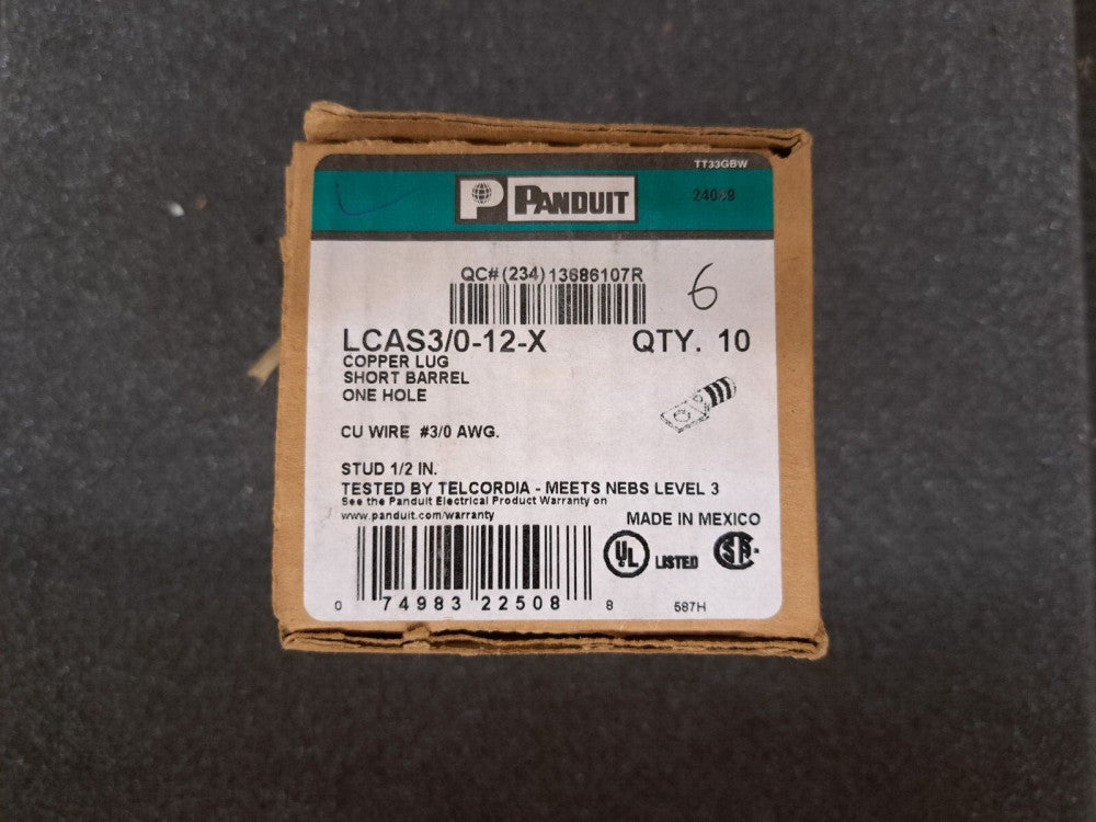 New, Panduit, LCAS3/0-12-X, CONN TERM RECT TONG 3/0 AWG #1/2