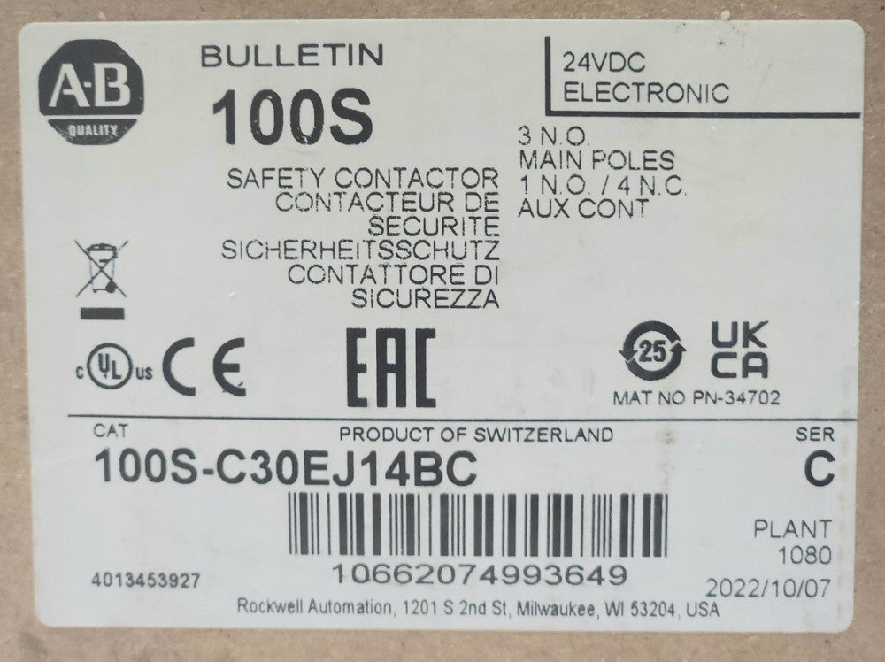 ALLEN BRADLEY 100S C30EJ14BC 24 VDC GUARD MASTER SAFETY CONTACTOR 3 Pole 1 NO 4