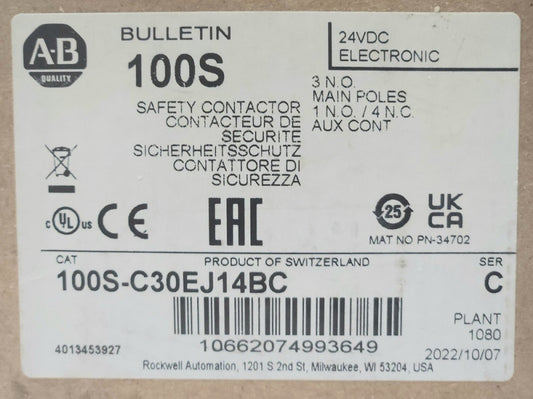 ALLEN BRADLEY 100S C30EJ14BC 24 VDC GUARD MASTER SAFETY CONTACTOR 3 Pole 1 NO 4