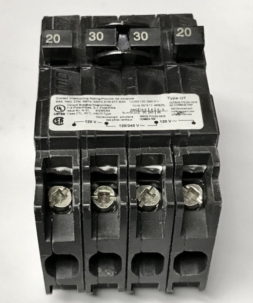 SIEMENS Q22030CT 2 Pole 30 AMP 2 Single Pole 20 AMP Circuit Breaker Type QT 