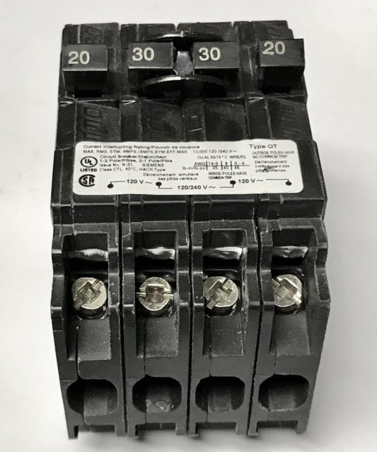 SIEMENS Q22030CT 2 Pole 30 AMP 2 Single Pole 20 AMP Circuit Breaker Type QT 