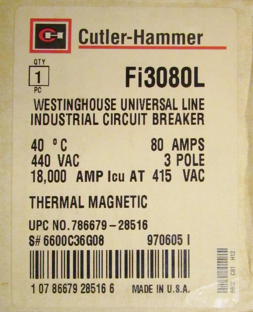 CUTLER HAMMER Fi3080L 3 Pole 80 Amp Fi Universal Line Circuit Breaker Fi3080