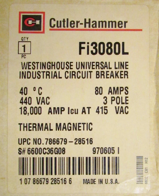 CUTLER HAMMER Fi3080L 3 Pole 80 Amp Fi Universal Line Circuit Breaker Fi3080