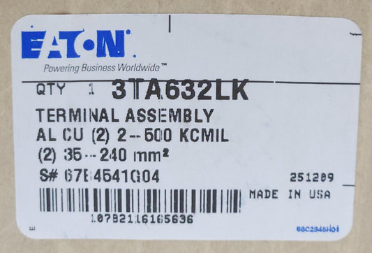 EATON CUTLER HAMMER 3TA632LK Type LG LGE LGH Breaker Lug Kit 2 500 MCM AL CU 3