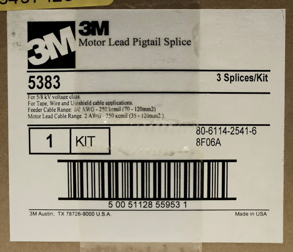 SEALED 3M 5383 Motor Lead Pigtail Splice Kit 3 Splices For 5/8 KV Voltage 80 611