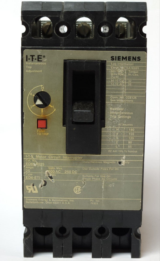 SIEMENS ITE ED63A025 3 Pole 25 AMP Type ED6 ETI Motor Circuit Interrupter