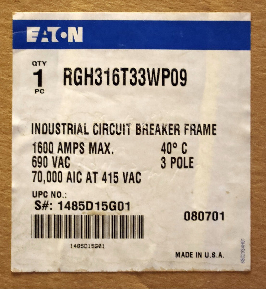 EATON RGH316T33W P09 3 Pole 1600 AMP Type RGH 70K Circuit Breaker 690 VAC RES160