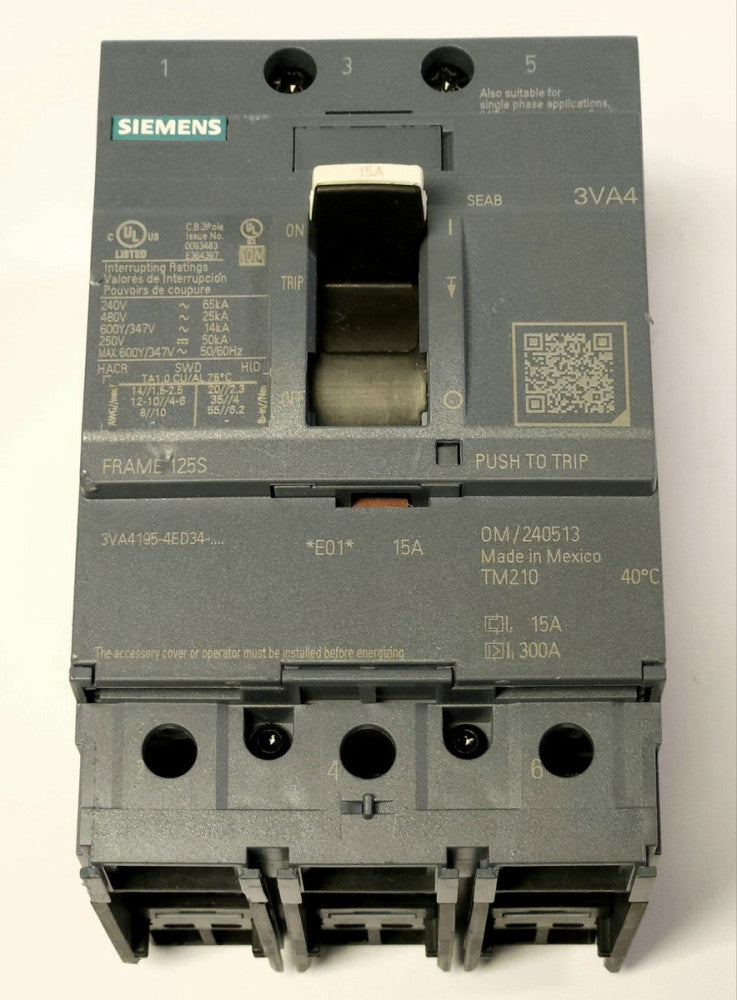 SIEMENS 3VA4195 4ED34 0AA0 3 Pole 15 AMP 3VA4 FRAME 125S