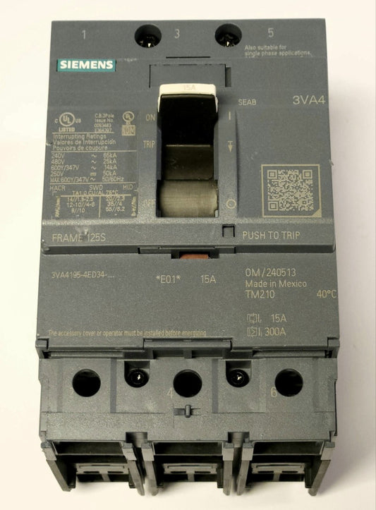 SIEMENS 3VA4195 4ED34 0AA0 3 Pole 15 AMP 3VA4 FRAME 125S