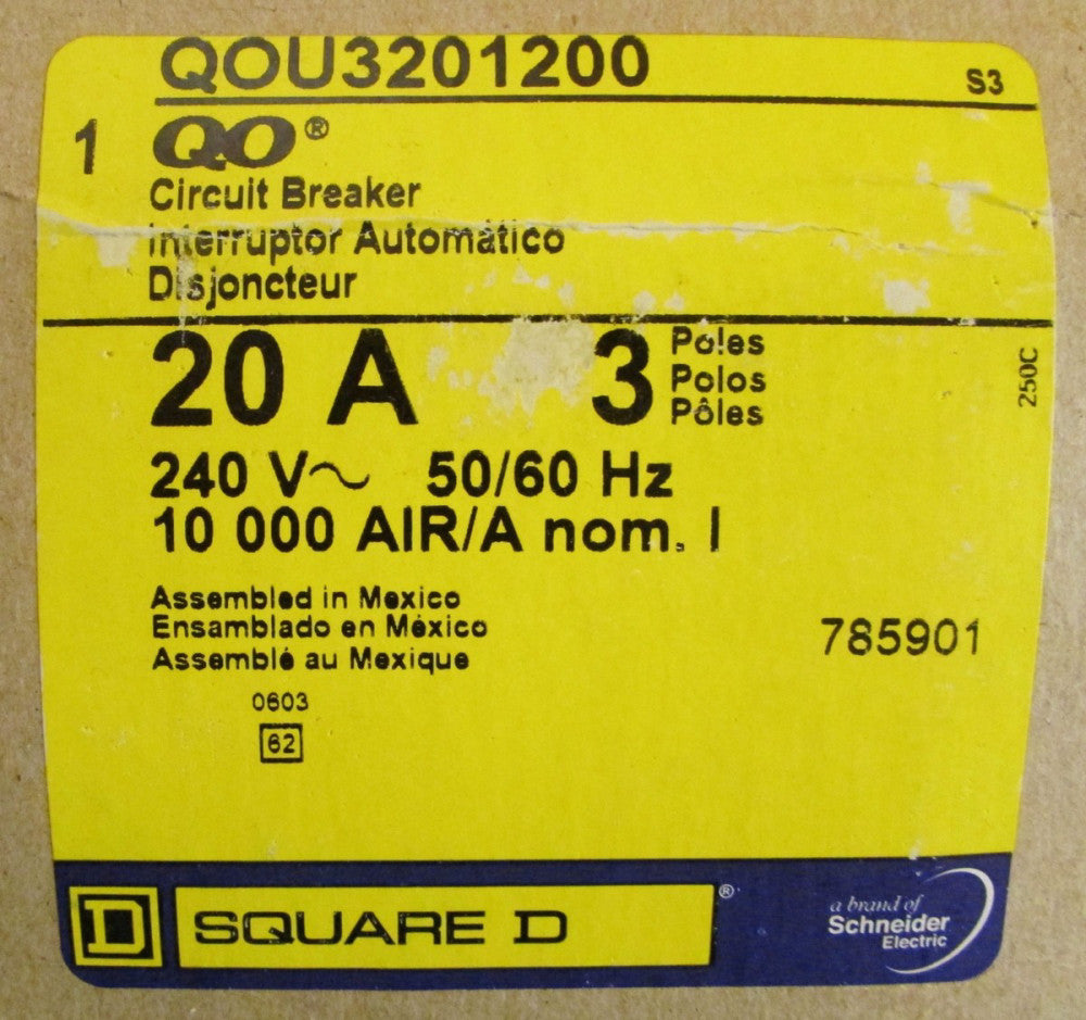 SQUARE D Type QO Circuit Breaker 240V 20AMP 3 Pole with Auxilliary QOU3201200 