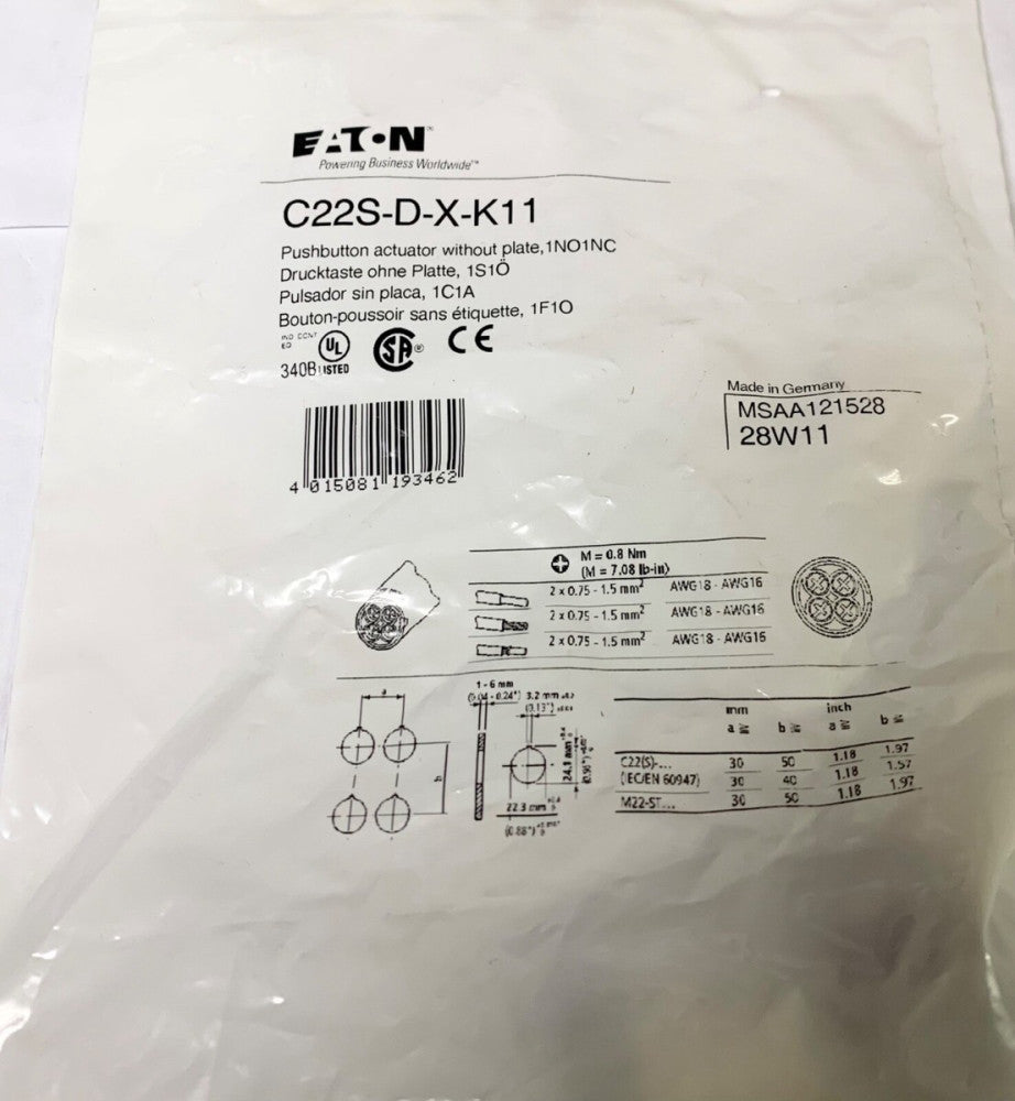 EATON C22S D X K11 Clear Pushbutton Actuator 1 NO 1 NC C22s-D-X-K11