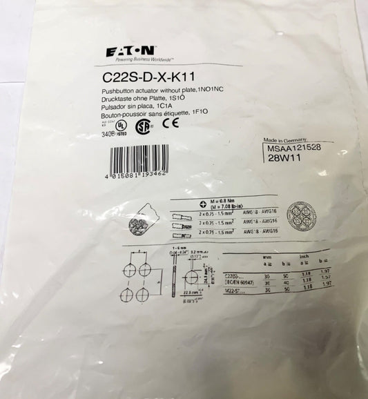 EATON C22S D X K11 Clear Pushbutton Actuator 1 NO 1 NC C22s-D-X-K11