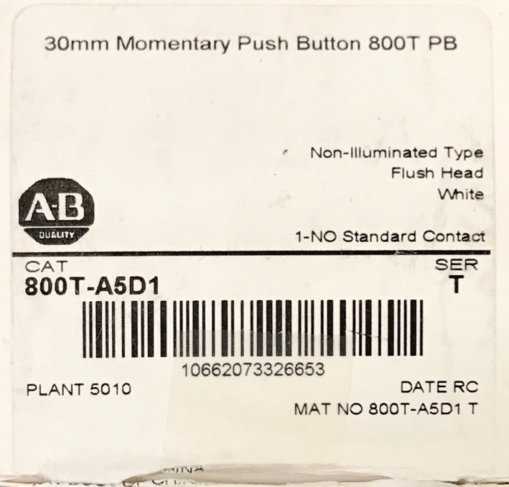 ALLEN BRADLEY 800T-A5D1 White Flush Head Pushbutton 1 NO Contact Block 800T A5D1