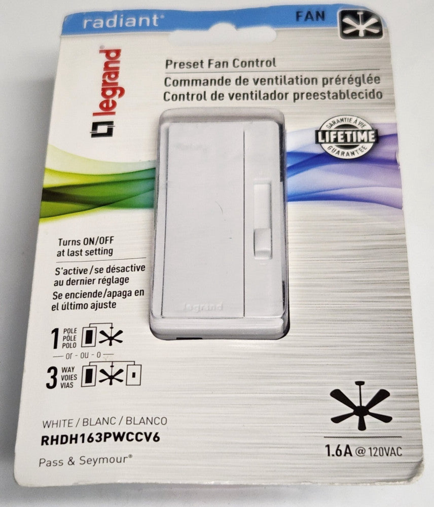 LEGRAND RADIANT RHDH163PWCCV6 Preset Fan Control Switch 120 VAC White