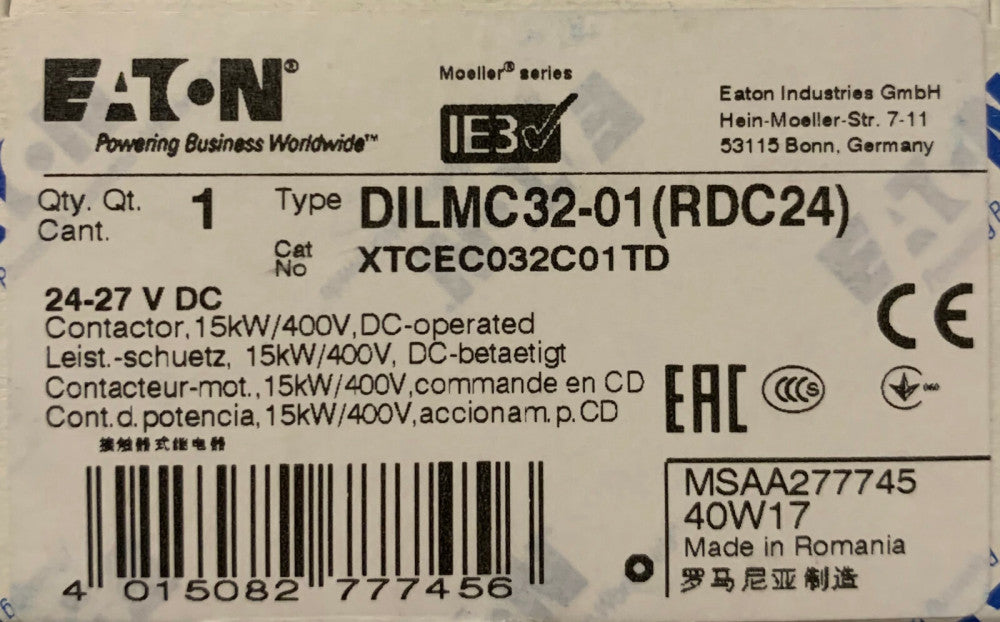 EATON MOELLER DILMC32 01 RDC24 3 Pol 24-27 VDC 40 A Contactor XTCEC032C01TD  