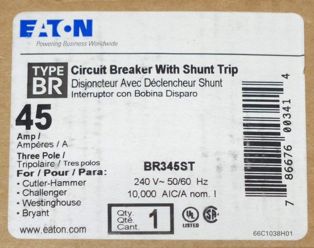 EATON CUTLER HAMMER BR345ST 3 Pole Type BR 240V 45 AMP Circuit Breaker w/ Shunt