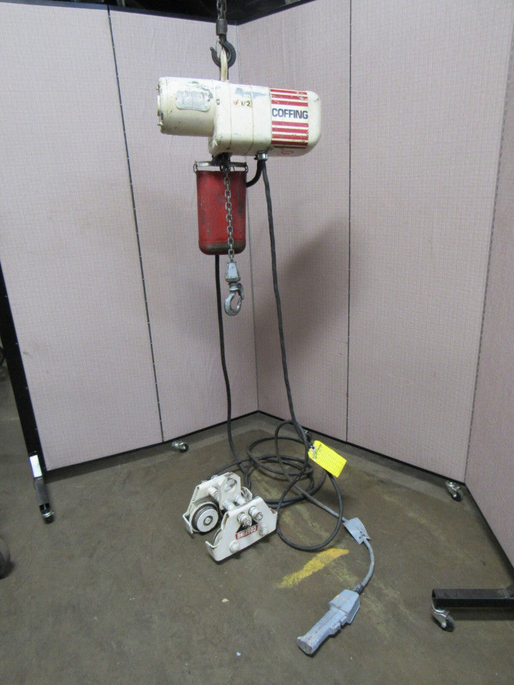 COFFING ELECTRIC CHAIN HOIST JF579EH 1/2 T TON 1000LB 460V 3PH 189"D W/ TROLLEY