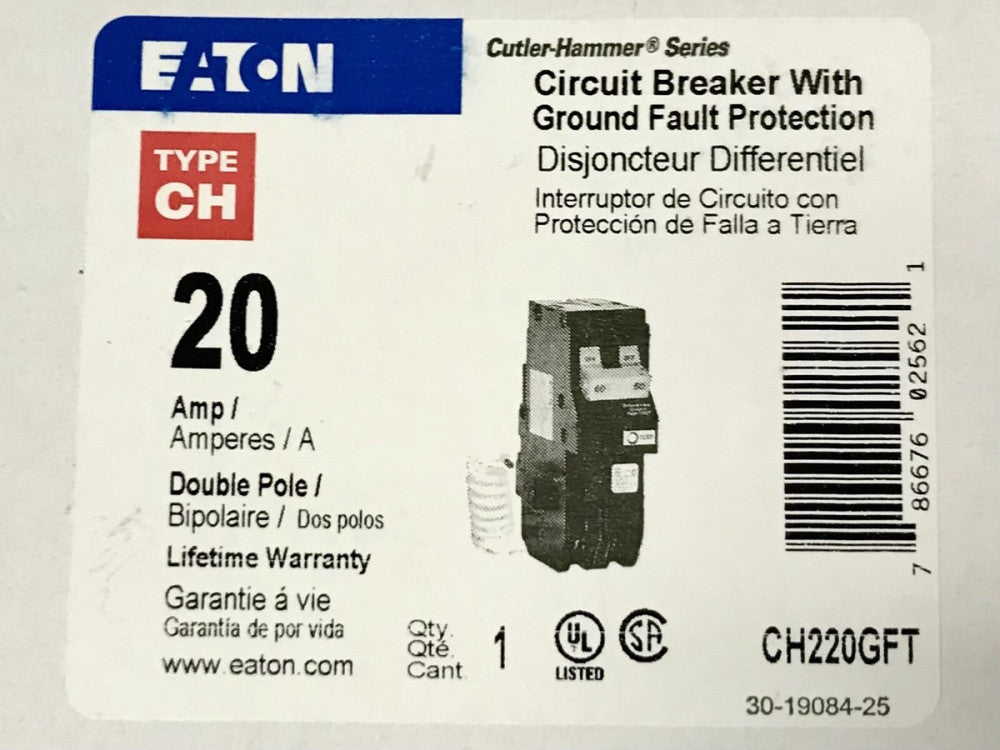 EATON CUTLER HAMMER CH220GFT 2 Pole 20 AMP Type CH Ground Fault Circuit Breaker