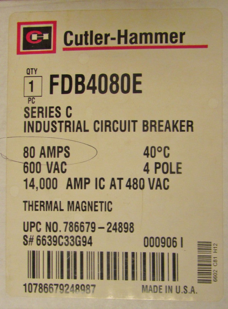 CUTLER HAMMER FDB Breaker 4 Pole 80 Amp FDB4080E
