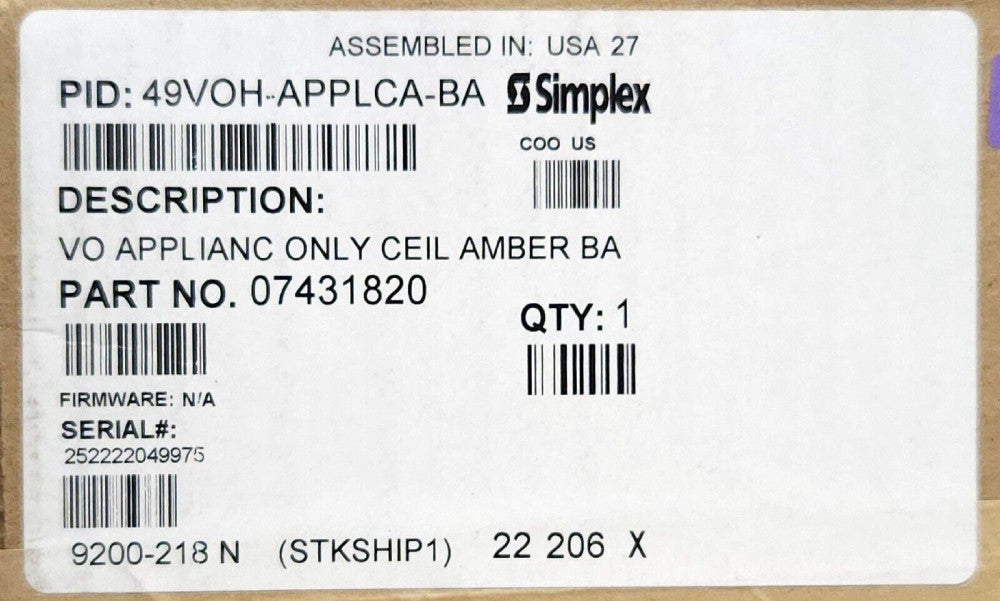 SIMPLEX 49VOH APPLCA BA 07431820 AMBER TRUE ALERT ES Addressable Notification