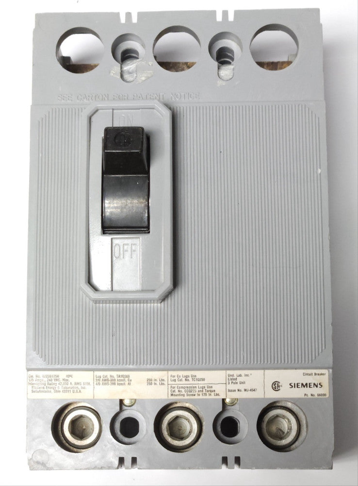 SIEMENS QJH23B175H 3 Pole 175 AMP Type QJ Circuit Breaker 240 VAC