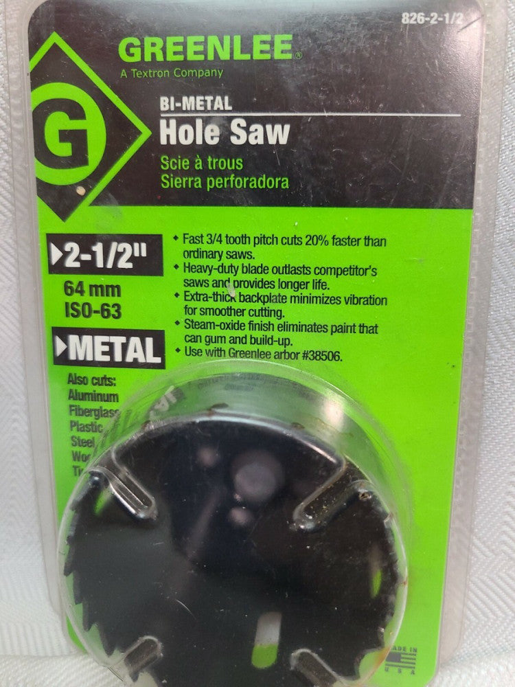 GREENLEE BI-METAL Hole Saw 826-2-1/2 Steel-Aluminum-Wood-Fiberglass-Plastic-Tin