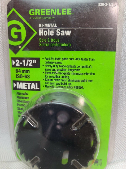 GREENLEE BI-METAL Hole Saw 826-2-1/2 Steel-Aluminum-Wood-Fiberglass-Plastic-Tin