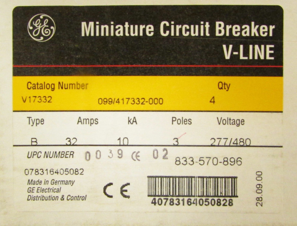 GENERAL ELECTRIC GE V-Line B32 Circuit Breaker 3 Pole 32 Amp 277 480V V17332