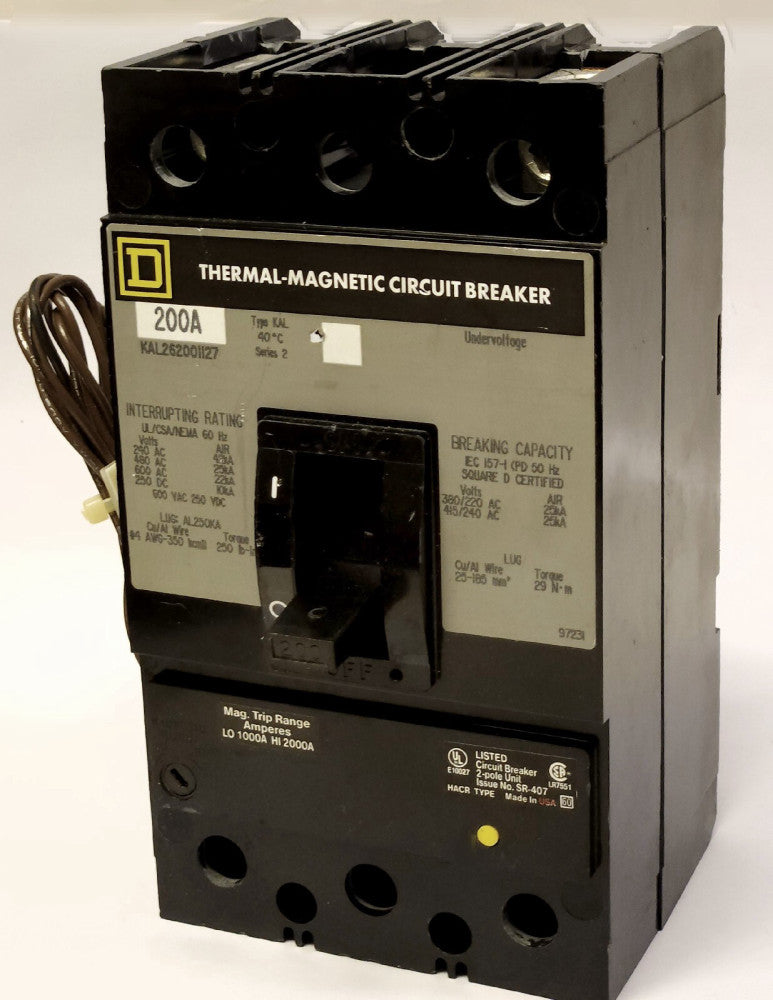 SQUARE D KAL2262001127 2 Pole 200 AMP Type KA KAL Lug to Lug Circuit Breaker