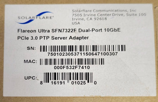 SOLAR FLARE FLAREON ULTRA SFN7322F Dual Port 10 Gbe Pc/e 3.0 PTP Server Adapter