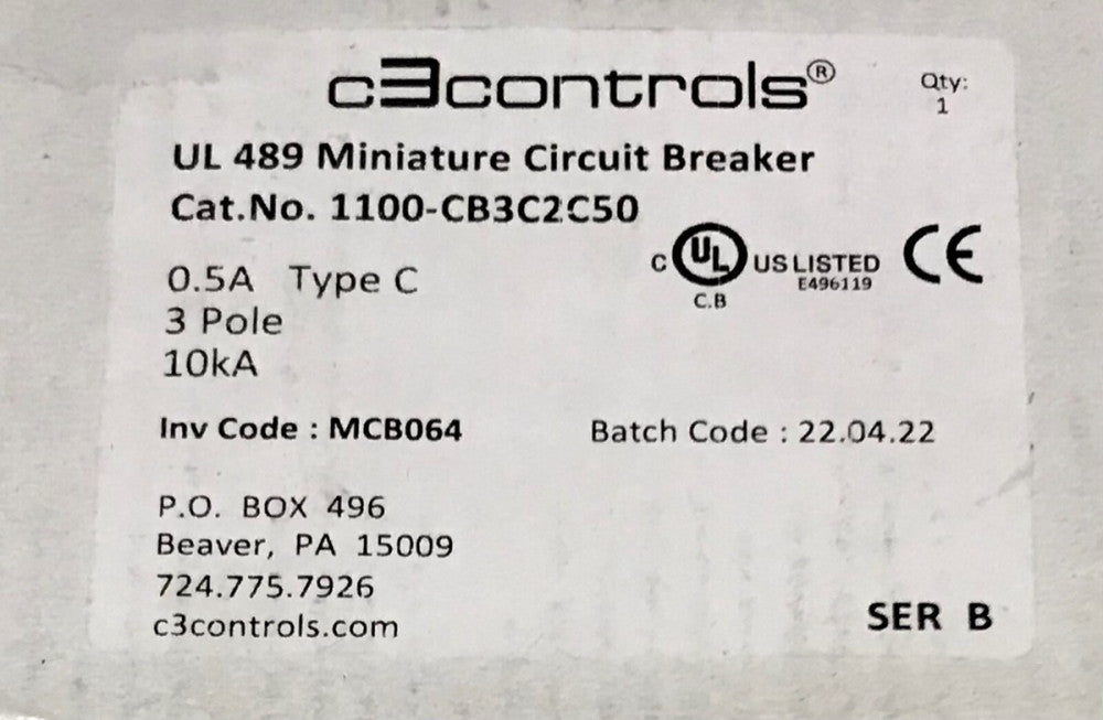 C3 CONTROLS 1100 CB3C2C50 3 Pole 0.5 AMP C0.5 10 KA UL 489 Circuit Breaker 