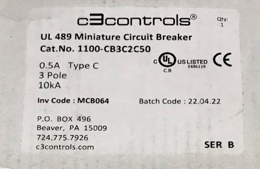 C3 CONTROLS 1100 CB3C2C50 3 Pole 0.5 AMP C0.5 10 KA UL 489 Circuit Breaker 