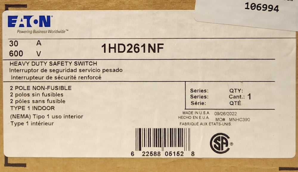 EATON CUTLER HAMMER 1HD261NF 2 Pole 30 AMP 600 VAC Safety Switch Nema 1 Indoor