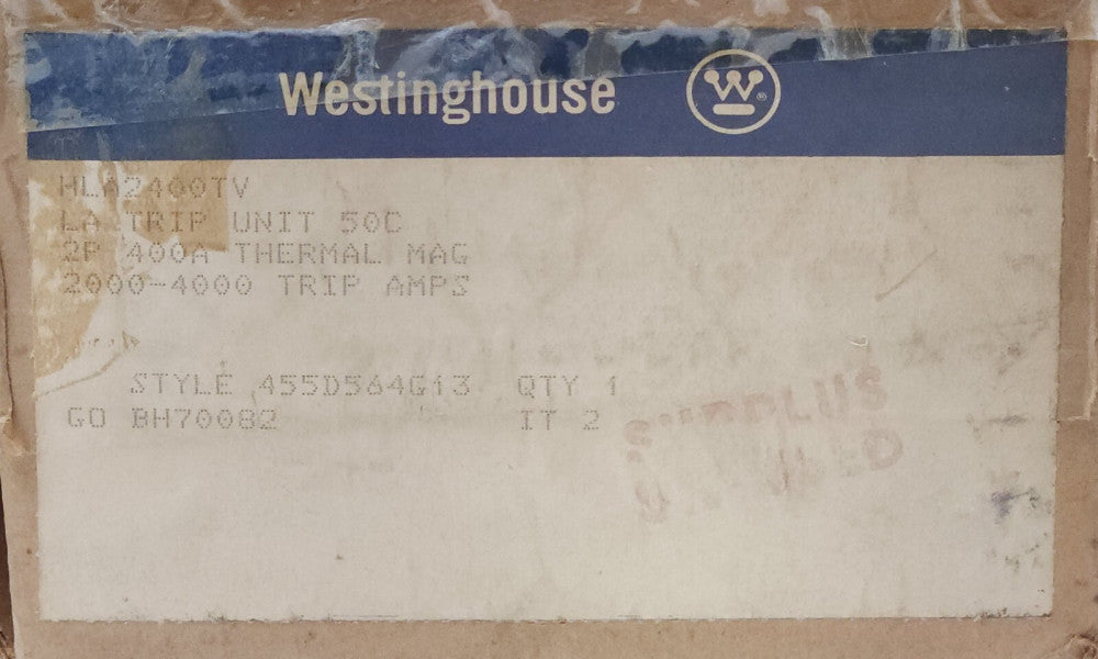 WESTINGHOUSE CUTLER HAMMER HLA2400TV 2 Pole 400 AMP Type LA HLA 50° TRIP Unit