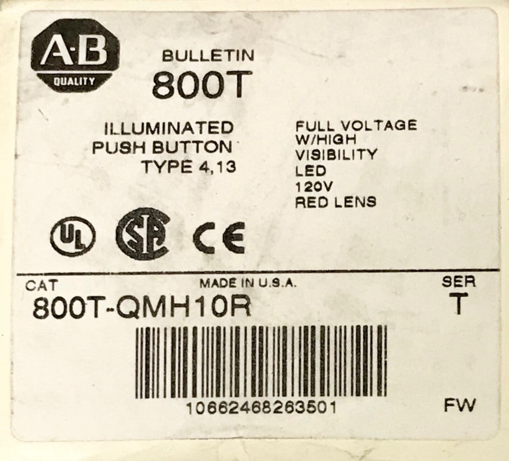 ALLEN BRADLEY 800T OMH10R 120vRed LED Illuminated Push Button Momentary Mushroom