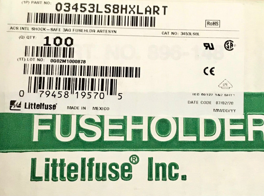 BOX OF100 LITTELFUSE 03453LS8HXLART ACS INTL SHOCK-SAFE 3AG Fuse Holder 3453LS8L