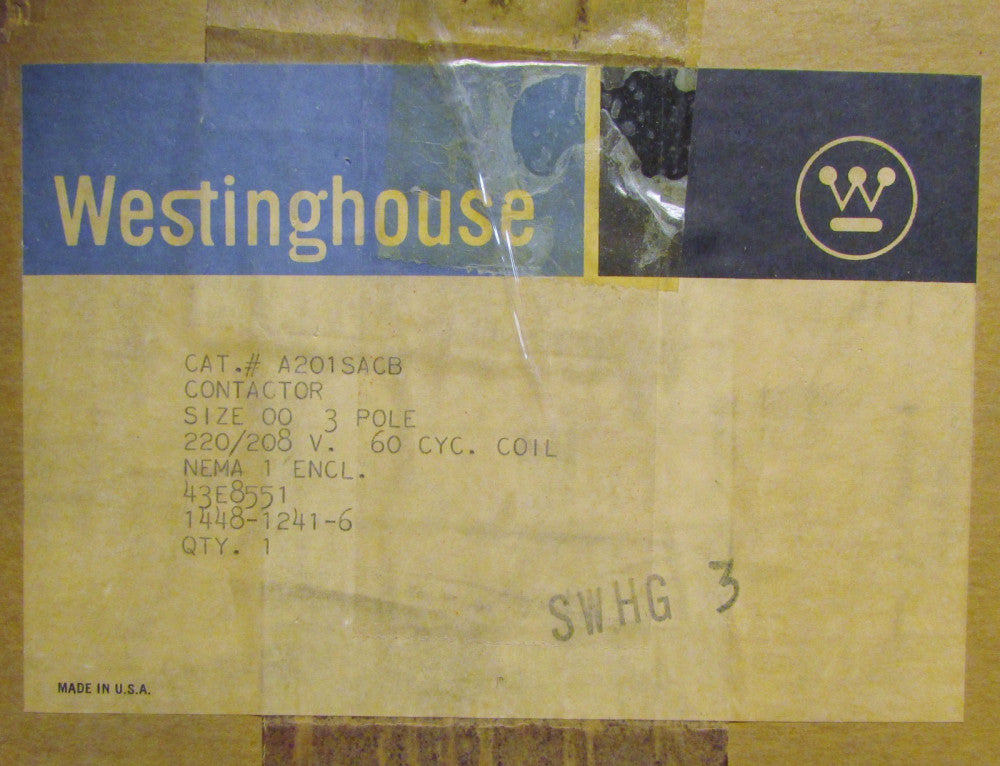 WESTINGHOUSE A201SACB Size 00 A201KACB Contactor Nema 1 Enclosure 208/220V
