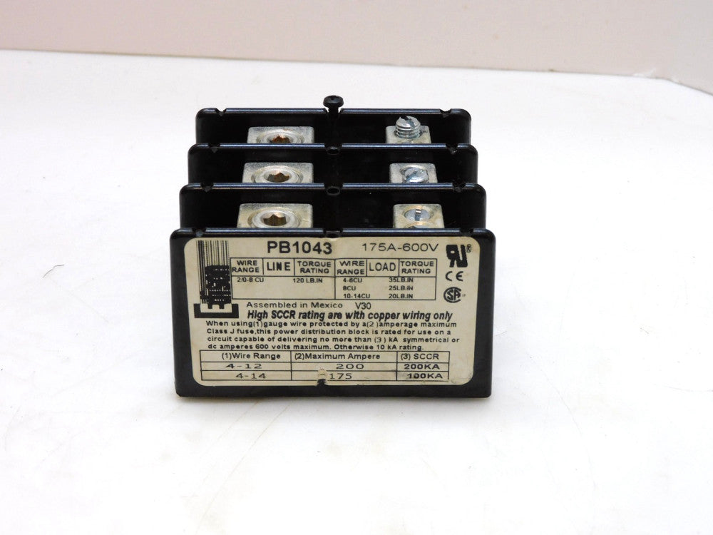 EDISON PB1043 POWER DISTRIBUTION BLOCK 175A 600V