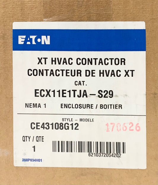 EATON ECX11E1TJA S29 XT HVAC Contactor 2 HP 120 VAC 9 AMP Nema 1 CE43108G12  
