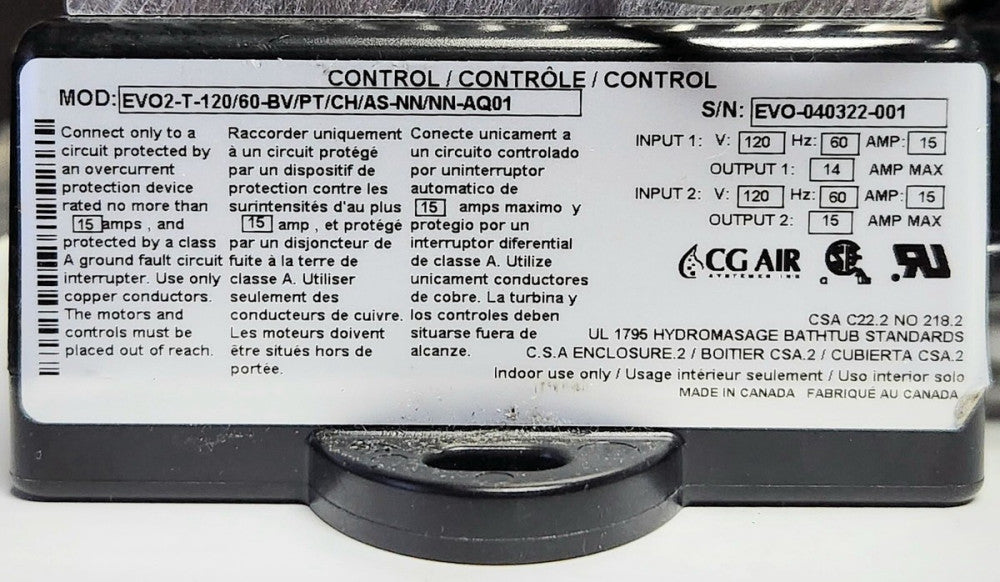 CG AIR EV02 T 120/60 BV PT CH AS NN NN AQ01 Hydromasage Bathtub Control Module