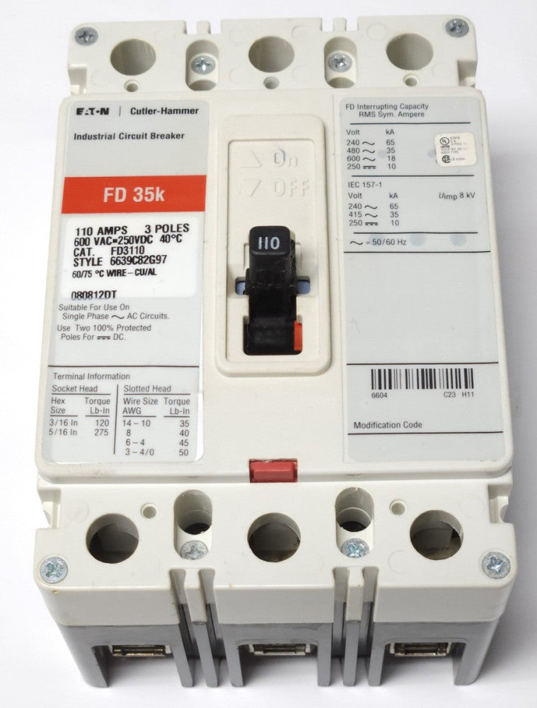 EATON CUTLER HAMMER FD3110 3 Pole 110 AMP Type FD Circuit Breaker