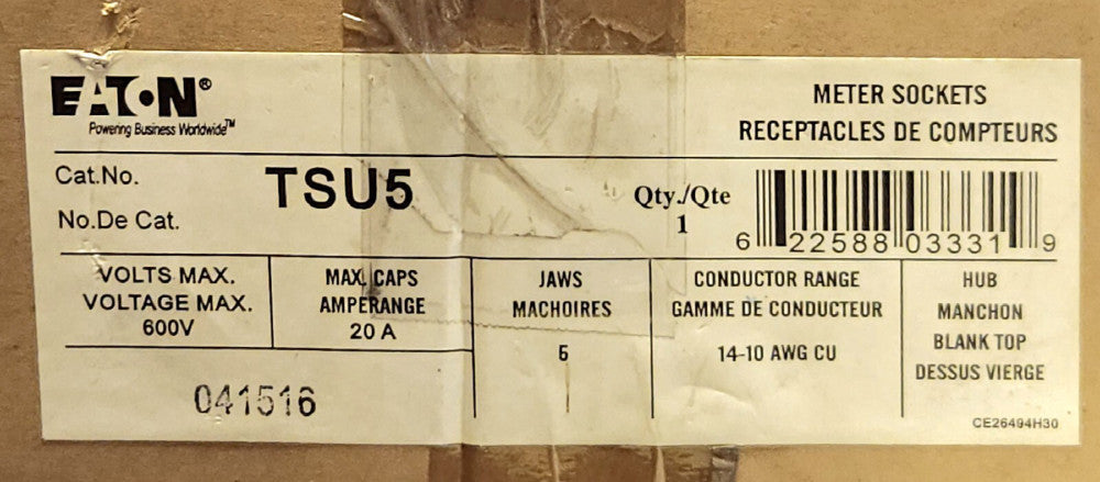 EATON TSU5 20 AMP 600 VAC Meter Socket Base CSA Rated Nema 3R Enclosure