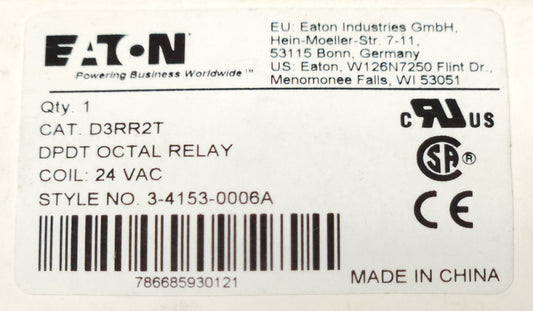 EATON CUTLER HAMMER D3RR2T 24 VAC DPDT OCTAL Relay 8 PIN 3 4153 0006A
